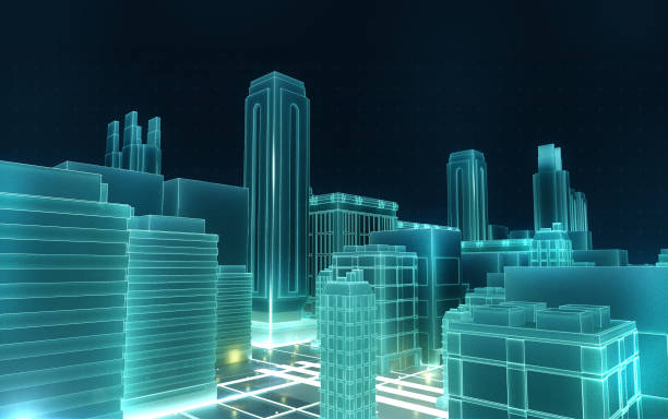 istock Abstract 3d city rendering with lines and digital elements. Technology blockchain business connection concept illustration. 959633468