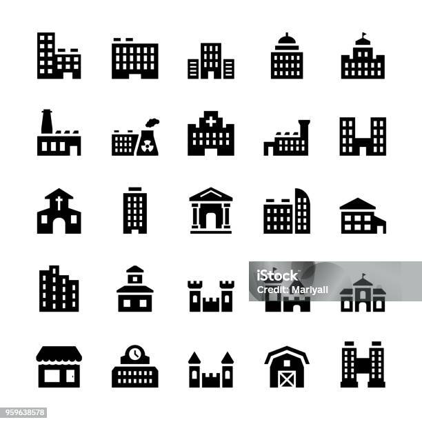 Vector Building Icons Set In Flat Style Stock Illustration - Download Image Now - Icon Symbol, Construction Industry, Hospital