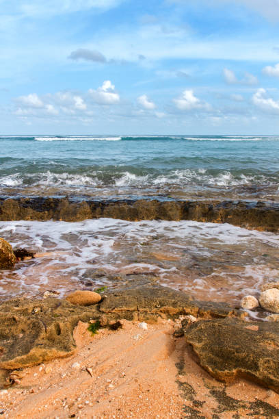 istock Beach coast line with stones and pebbles, yellow sand and azure ocean 959639224