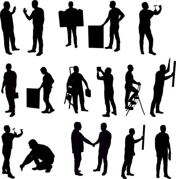 ilustraciones, imágenes clip art, dibujos animados e iconos de stock de reparación y construcción de silueta de hombre - construction worker silhouette people construction