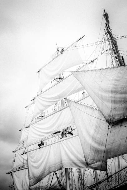 istock Classic sailing ship mast with sails with clouds in the background 959645372