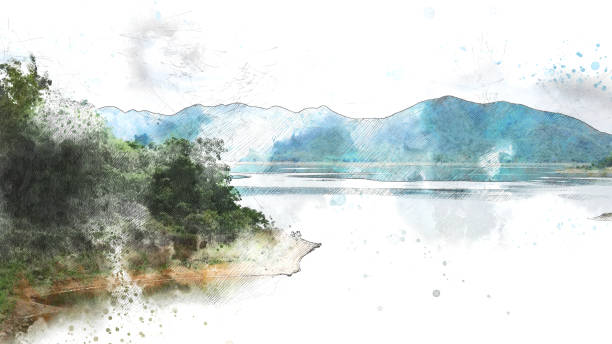 istock Abstract mountain and tree on watercolor painting background. 959645932