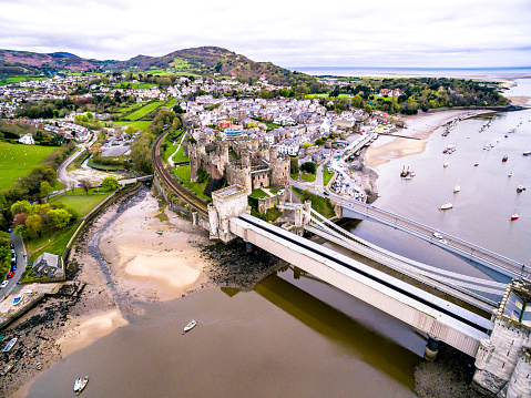 Aerial view of the historic town of Conwy with it's medieval castle - Wales - United Kingdom.