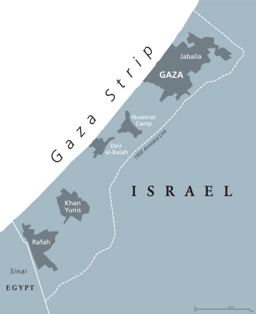 Gaza Strip political map gray Gaza Strip political map. Self governing Palestinian territory on coast of Mediterranean Sea. Borders to Israel and Egypt. Claimed by State of Palestine. English labeling. Gray illustration. Vector. israel egypt border stock illustrations