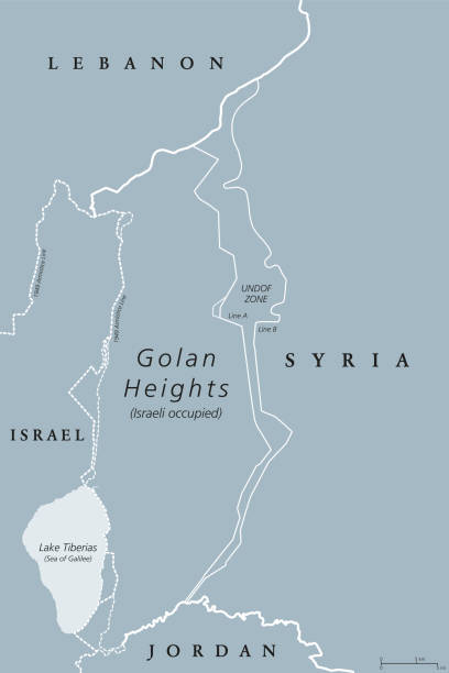 Golan Heights political map gray Golan Heights. political map with borders. A region in the Levant. Area, captured from Syria and occupied by Israel. English labeling. Gray illustration on white background. Vector. levant map stock illustrations