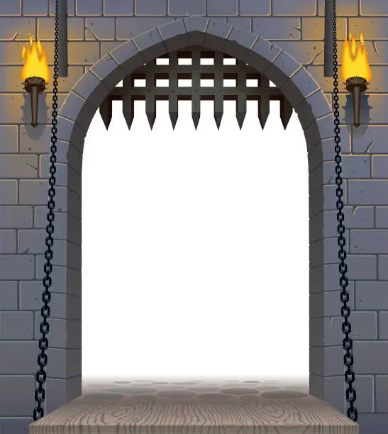 Vector illustration of Medieval castle gate with a drawbridge and torches with a white aperture