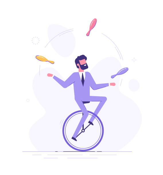 ilustraciones, imágenes clip art, dibujos animados e iconos de stock de hombre de negocios guapo es montar en monociclo y malabares diversas tareas. concepto de multitarea. ilustración de vector plano. - juggling