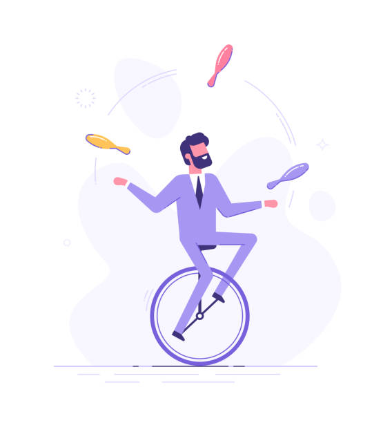 Handsome business man is riding on unicycle and juggling different tasks. Multitasking concept. Flat vector illustration. Handsome business man is riding on unicycle and juggling different tasks. Multitasking concept. Flat vector illustration. juggling stock illustrations