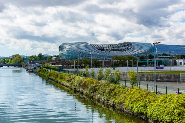 Dublin, Ireland - May 13, 2018: liffey river and aviva stadium in dublin, ireland.