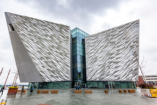 Belfast, Ireland - May 11, 2018: The largest Titanic Museum, Belfast, Northern Ireland, on the site of the the shipyard where Titanic was built.