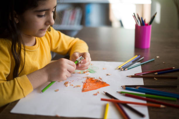 istock Child girl draws with colored pencils 959675434