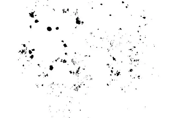 Vector illustration of Abstract grainy texture isolated on white background. Top view. Dust, sand blow or bread crumbs. Silhouette of food flakes such as salt or almond or wheat flour spread on the flat surface or table.