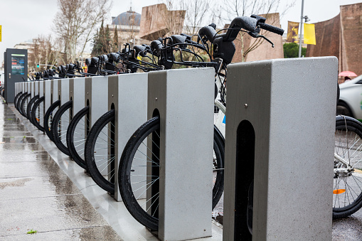 Public bike rental station. Madrid, Spain.