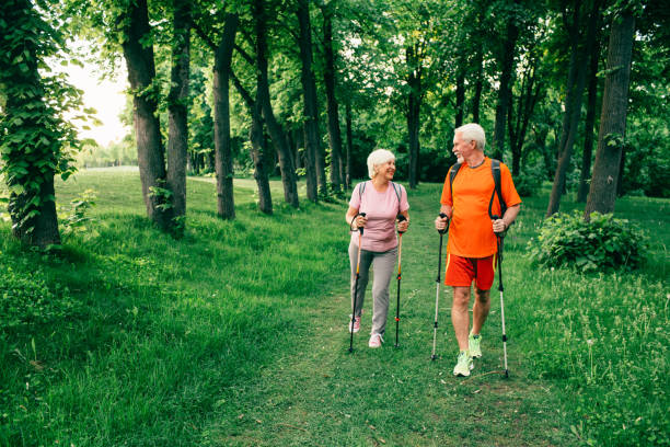 Senior couple walking forest together Senior couple hiking below trees in woods. nordic walking pole stock pictures, royalty-free photos & images