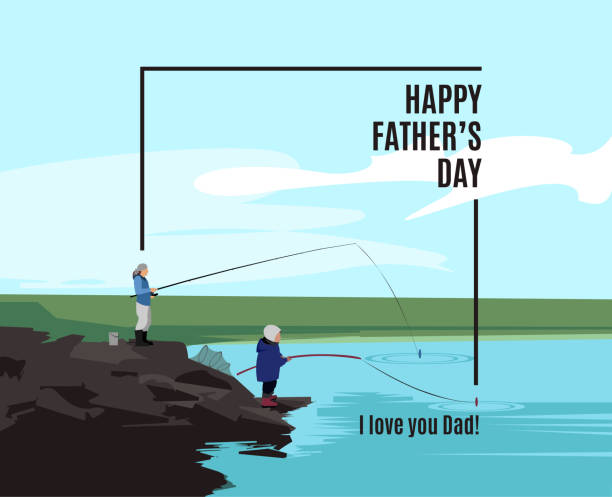 Happy Father’s Day greeting card Happy Father’s Day greeting card. Poster with father and his son standing on rocks near the lake with their fishing rod. Vector illustration best dad ever stock illustrations