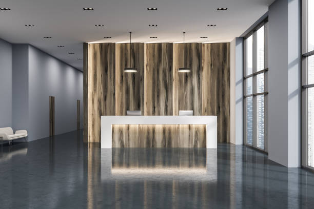 istock Wooden reception in a modern office 959685342