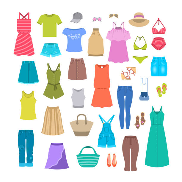 Summer women casual clothes and accessories Women clothes and accessories collection for summer vacation. Seasonal female outfit flat vector icons. Casual fashion infographic elements. Beach clothes, footwear, bag, swimsuit, hat, sunglasses skirt stock illustrations
