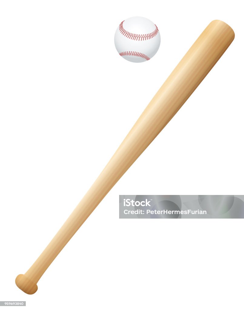 Batte de baseball avec ballon. Illustration en bois texturé vecteur isolé sur fond blanc. - clipart vectoriel de Batte de baseball libre de droits