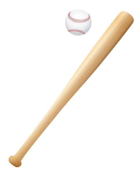 illustrations, cliparts, dessins animés et icônes de batte de baseball avec ballon. illustration en bois texturé vecteur isolé sur fond blanc. - batte