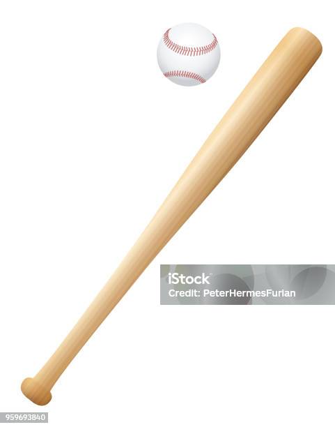 Baseball Bat With Ball Wooden Textured Isolated Vector Illustration On White Background Stock Illustration - Download Image Now