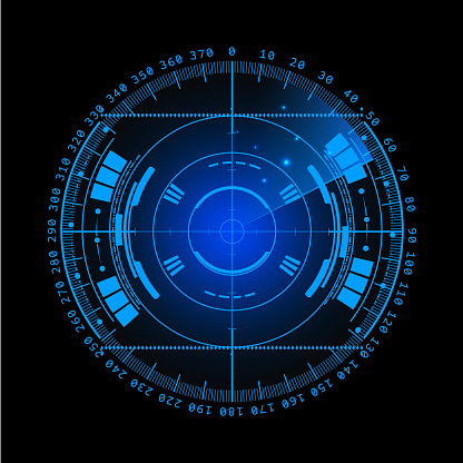 Radar screen. Vector illustration for your design. Technology background. Futuristic user interface. Radar display with scanning. HUD.
