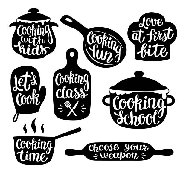 Collection of cooking label or logo. Hand written lettering, calligraphy cooking vector illustration. Collection of cooking label or logo. Hand written lettering, calligraphy cooking vector illustration. Cook, chef, kitchen utensils icon or logo. toque stock illustrations