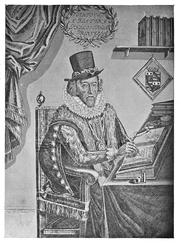 Portrait of Sir Francis Bacon, 1st Viscount St Alban. Vintage halftone etchings circa mid 19th century.