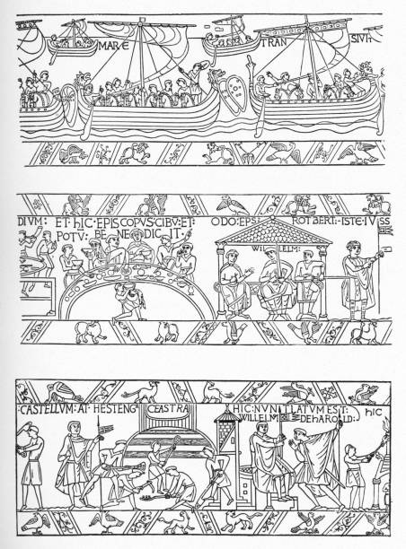 gobelin bayeux - xi wiek - tkanina z bayeux stock illustrations