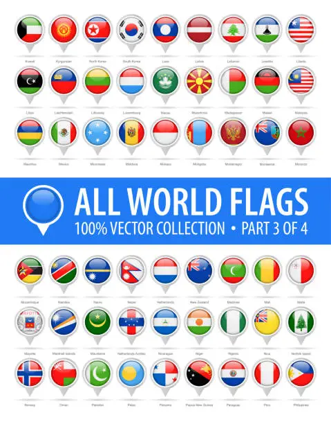 Vector illustration of World Flag Round Pins - Vector Glossy Icons - Part 3 of 4