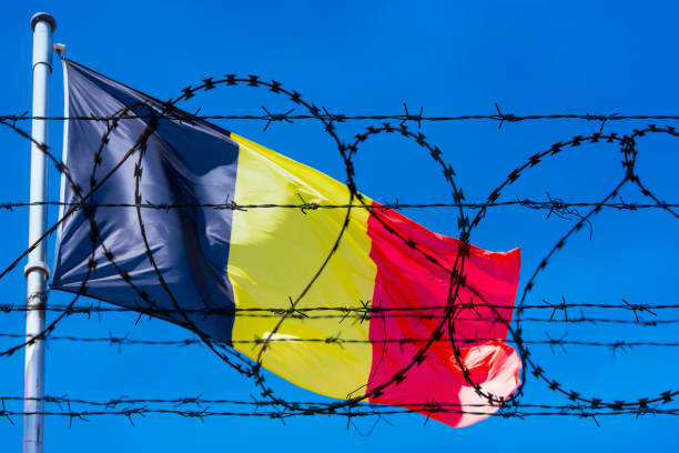 граница бельгии с флагом бельгии и колючей проволокой - national flag flag global communications sky стоковые фото и изображения