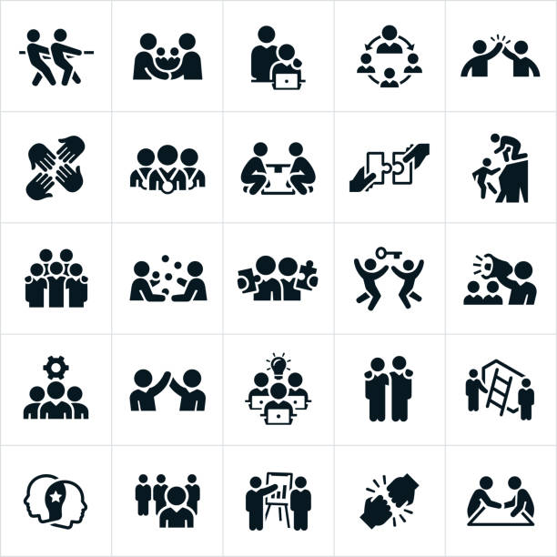 Business Teamwork and Partnership Icons A set of business teamwork and partnership icons. The icons include several business people working together in partnership or as a team to accomplish an objective. They include a tug of war, partnership, handshake, high five, team awards, lifting a box, putting pieces of a puzzle together, climbing a mountain, juggling, climbing a ladder, fist bump and other related themes. leisure equipment stock illustrations