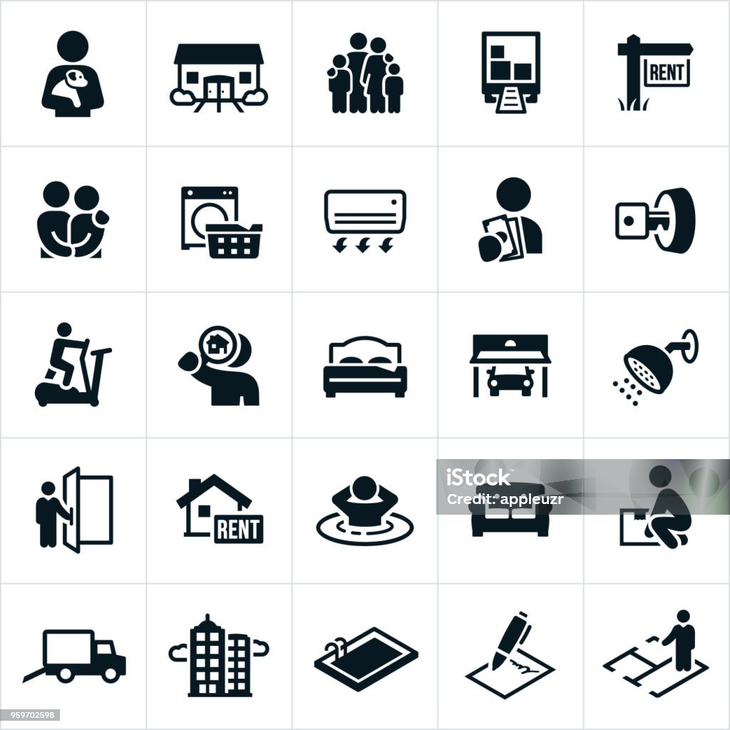 Apartment Rental Icons Icons related to the apartment and home rental market. The icons include a condo, duplex, high rise apartment building, moving truck, rent sign, laundry, amenities, fitness center, apartment search, garage, doorman, spa, moving boxes, swimming pool, agreement, contract and floor plan to name a few. People stock vector