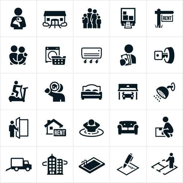 Apartment Rental Icons Icons related to the apartment and home rental market. The icons include a condo, duplex, high rise apartment building, moving truck, rent sign, laundry, amenities, fitness center, apartment search, garage, doorman, spa, moving boxes, swimming pool, agreement, contract and floor plan to name a few. duplex stock illustrations