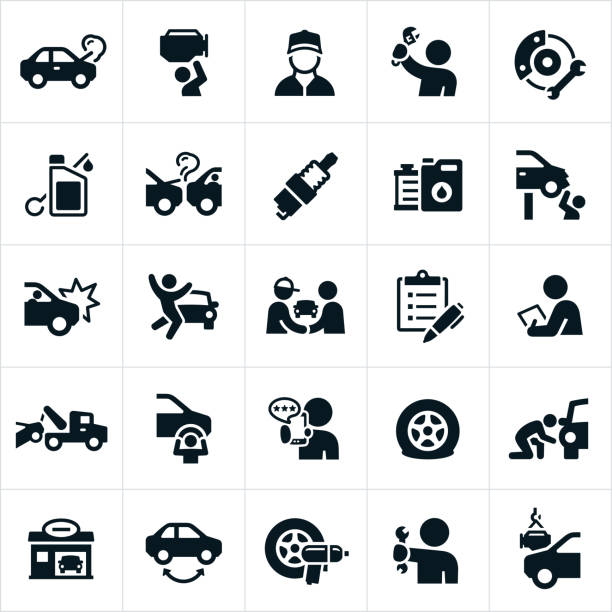 ilustraciones, imágenes clip art, dibujos animados e iconos de stock de iconos de reparación de automoción - car auto repair shop repairing accident