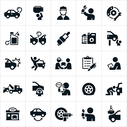A set of automotive repair icons. The icons include mechanics working on cars, car accident, engine repair, tools, brakes, oil change, spark plug, antifreeze, radiator, auto body damage, tire change, tow truck, flat tire, auto repair shop, tire rotation, impact wrench and other related icons.