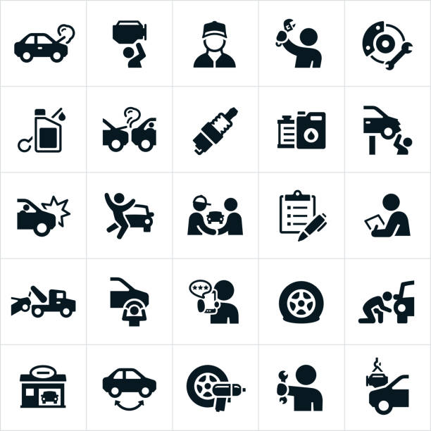 Automotive Repair Icons A set of automotive repair icons. The icons include mechanics working on cars, car accident, engine repair, tools, brakes, oil change, spark plug, antifreeze, radiator, auto body damage, tire change, tow truck, flat tire, auto repair shop, tire rotation, impact wrench and other related icons. mechanic stock illustrations