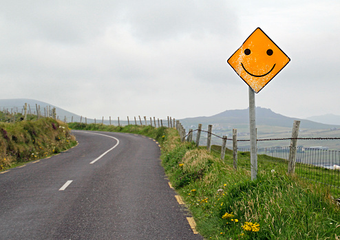 Yellow road sign with a smiley ahead of a curve on a cloudy day