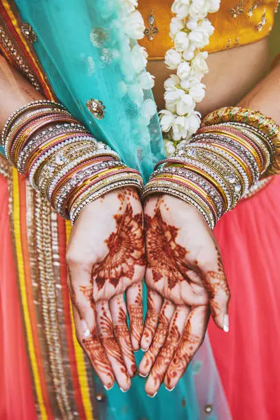 Photo of Indian bride showing menhdi (henna) tattoo on hand with bunch of glitter bangles on her wrist, close-up