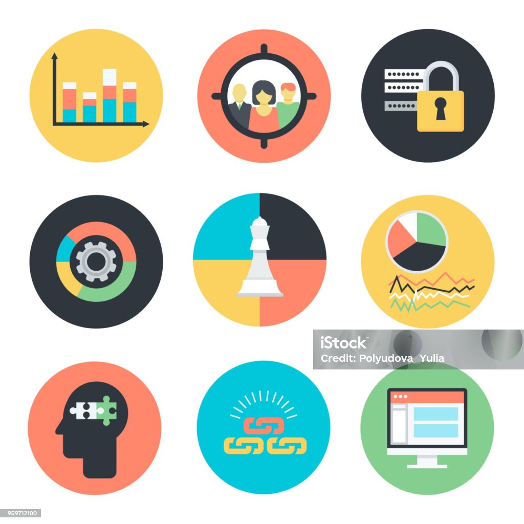 Search Engine Optimization internet marketing icons Search Engine Optimization internet marketing icons in flat colorful style. Statistics, focus group, link building, strategic planning, safety, competitve analysis Focus Group stock vector