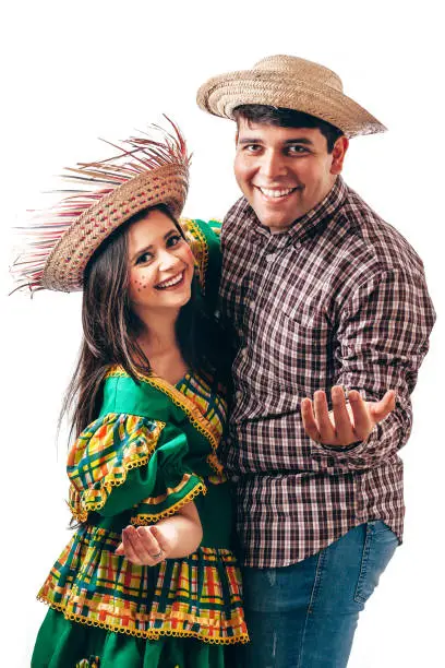 Photo of Young Brazilian couple wearing typical clothes for Festa Junina