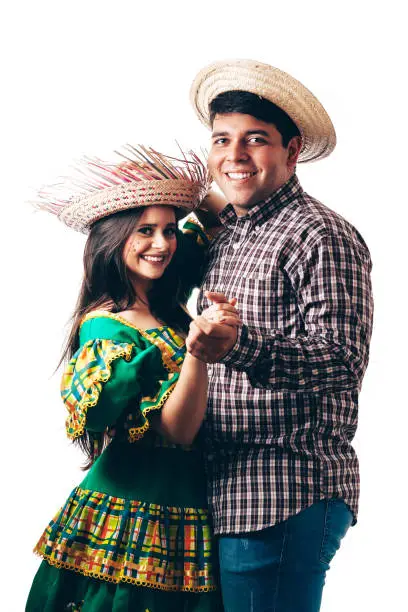 Photo of Young Brazilian couple wearing typical clothes for Festa Junina