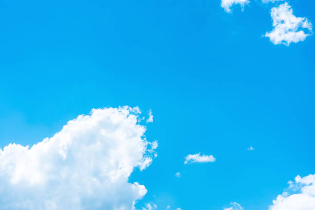 istock Clear Blue Sky with Big And Small Fluffy Transparent White Clouds in the Corner. Purity Heaven Meditation Concept. Inspirational Image. Overlay Design Copy Space 959720572