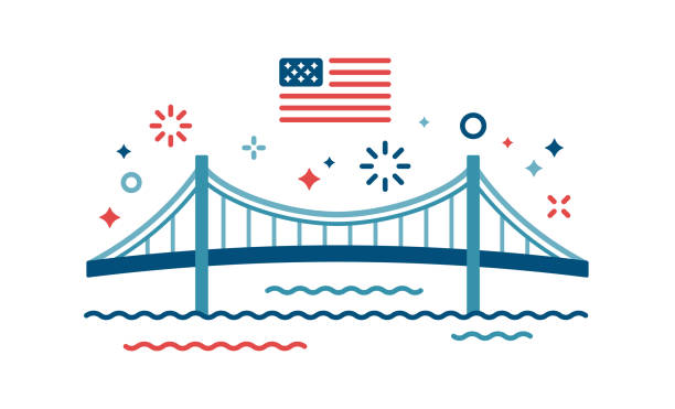 American Celebration Independence Day Bridge American celebration fireworks explosions water symbol. bay cartoon stock illustrations
