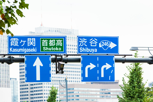 Roadsign in Yokohama. Writing in Kanji and western script.