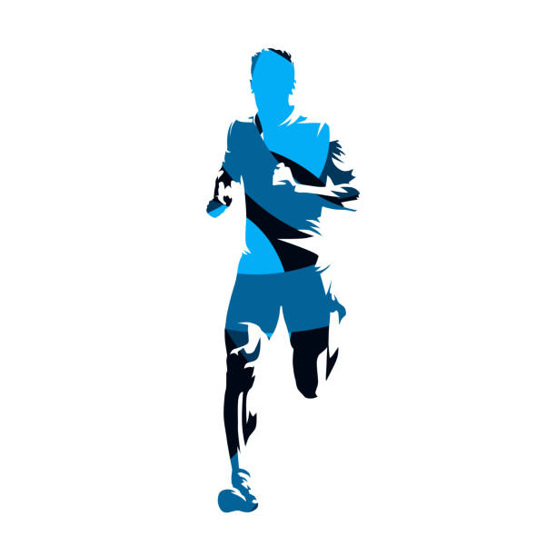 running man, blaue geometrische vecor silhouette - origami action vector design stock-grafiken, -clipart, -cartoons und -symbole