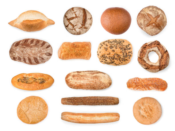 Bread, baguettes and cake collection isolated with clipping path Large bread, baguettes and cake collection. Top view isolated on white, clipping path included bun bread stock pictures, royalty-free photos & images