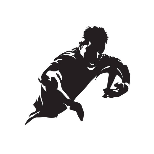 ilustrações de stock, clip art, desenhos animados e ícones de rugby player running with ball, team sport logo. isolated vector silhouette - bola de râguebi