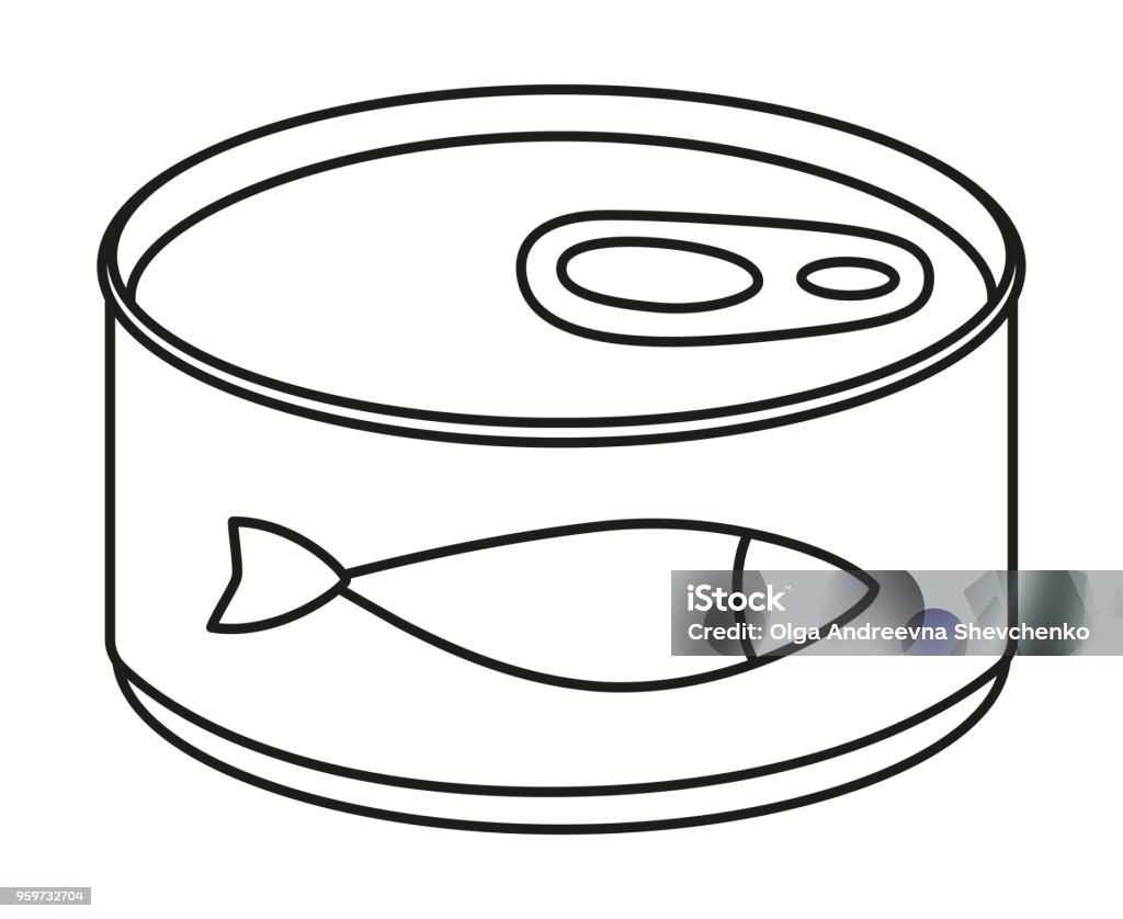 Line art black and white canned fish Line art black and white canned fish. Simple supply for domestic animal. Cat food vector illustration for icon, sticker, patch, label, badge, certificate or gift card decoration Tuna - Seafood stock vector