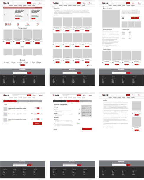 ilustrações, clipart, desenhos animados e ícones de modelo de site de comércio eletrônico, um conjunto de seis páginas da web. layout de design plano - modelo de arames de página web