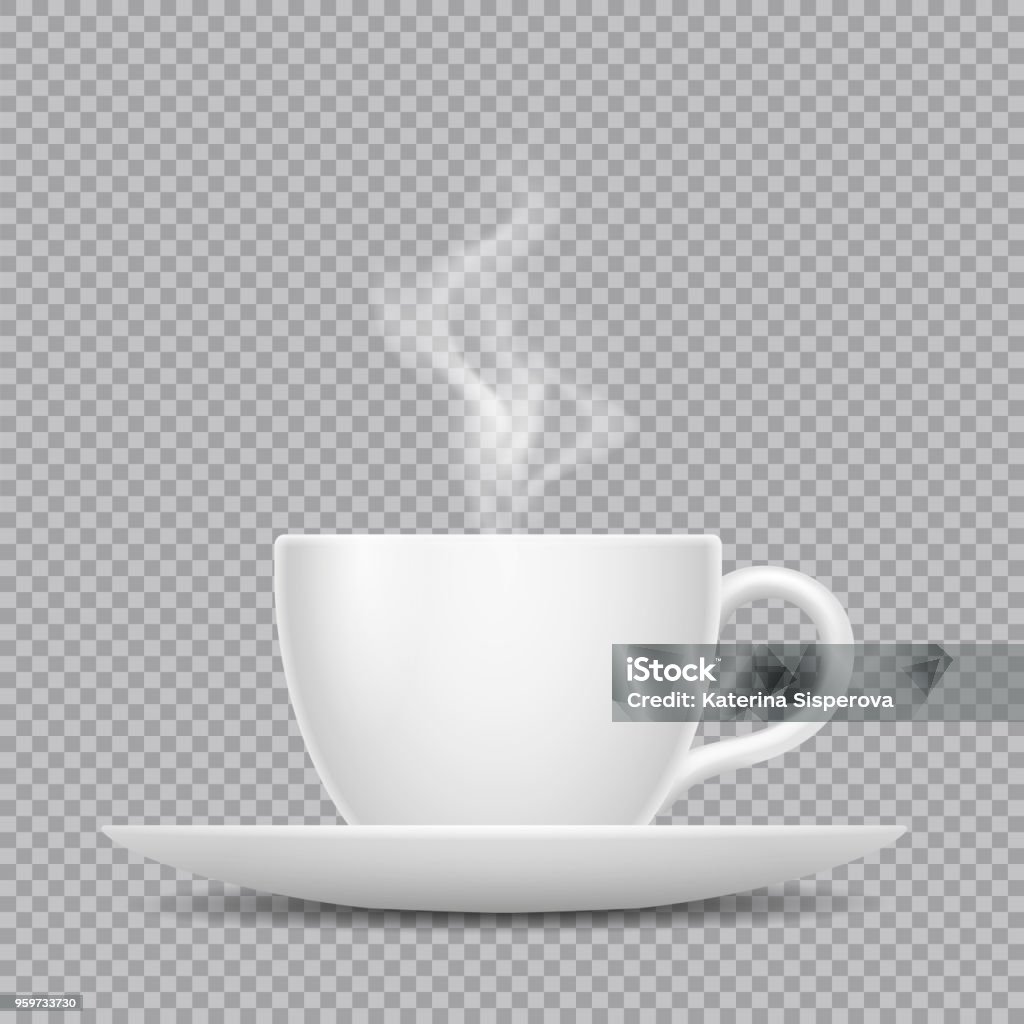 熱い飲み物と透明な背景に分離された蒸気ベクトル現実的な白いカップ - 蒸気のロイヤリティフリーベクトルアート